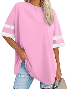 lot 2241 image: Oversized Tshirts for Women Summer Round Neck Striped Loose Tee Tops, Pure Pink, XL - Retail $10