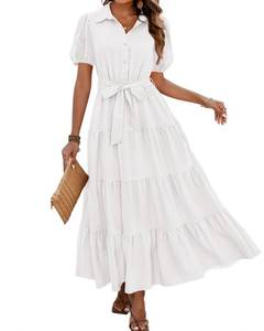 lot 2246 image: dowerme Womens Summer Dresses 2025 Short Sleeve Button Tie Waist Beach Vacation Clothes Boho Flowy Tiered Maxi Sundress(blue and white striped,Small) - Retail $24