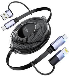 lot 2257 image: Retractable USB-C Cable, 100W 4-in-1 Multi Charging Cable, USB-CA to LightningUSB-C Retractable Charger Cord for iPhone 16, iPhone 15, Samsung, MacBook, iPad (Black) - Retail $10