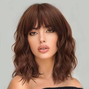 lot 2259 image: AISI HAIR Synthetic Wavy Curly Bob Wig with Bangs Ash Auburn Short Wavy Hair for Women Synthetic Heat Resistant Bob Wigs - Retail $28