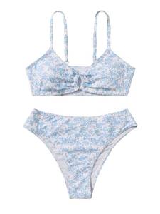 lot 2260 image: OYOANGLE Girls 2 Piece Ditsy Floral Bikini Swimsuit Ring Linked Ruched Bathing Suit Blue 12-13Y - Retail $25