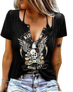 lot 2270 image: Vintage Rock Roll Concert T-Shirt Women Loose Casual Shirt Tops Funny Skeleton Eagle Graphics V Neck Short Sleeve (X-Large,Black) - Retail $17