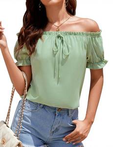 lot 2272 image: Aupuls Summer Puff Sleeve Blouse Off Shoulder Casual Tops for Women Going Out AUPT030 Sage Green L - Retail $20