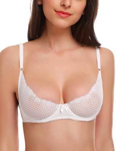 lot 2275 image: Wingslove Womens Sexy 12 Cup Lace Bra Balconette Mesh Underwired Demi Shelf Bra Unlined See Through Bralette (White, 36C) - Retail $30