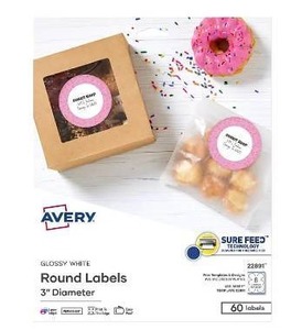 lot 2283 image: Avery Glossy White Labels, Sure Feed Technology, 3 Round Labels, Print-to-The-Edge, LaserInkjet, 60 Total (22891) - Retail $21