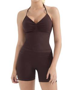 lot 2284 image: SUUKSESS Women Halter Backless Sports 2 Piece Sets Seamless Padded Ribbed Workout Set Gym Yoga Bra L - Retail $30