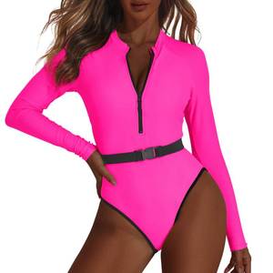 lot 2288 image: Neon Swimsuit for Women High Cut Tummy Control Rash Guard 80s 90s Outfit One Piece Long Sleeve Swimsuits Bathing Suits Surfing Zipper UPF 50 Hot Pink 6-8 - Retail $13