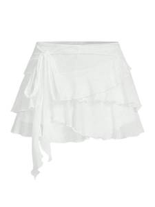 lot 2292 image: WDIRARA Womens Y2k Low Waist Mesh Mini Skirt Flowy Hem Multi Layered Ruffle Trim Asymmetrical Skirt White Medium - Retail $26