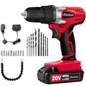 lot 2301 image: AVID POWER 20V MAX Lithium lon Cordless Drill Set, Power Drill Kit with Battery and Charger, 38-Inch Keyless Chuck, Variable Speed, 16 Position and 22pcs Drill Bits (Red) - Retail $44