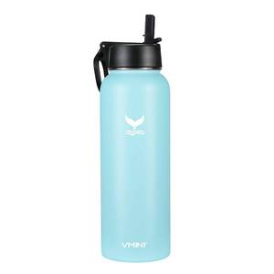 lot 2307 image: Vmini Water Bottle with Straw, Wide Rotating Handle Straw Lid, Wide Mouth Vacuum Insulated Stainless Steel Water Bottle, Nattier Blue, 40 oz - Retail $22
