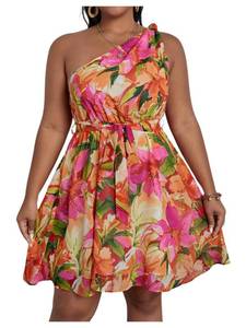 lot 2308 image: Floerns Womens Plus Size Floral Print One Shoulder Sleeveless Belted A Line Dress Orange Multi 2XL - Retail $37
