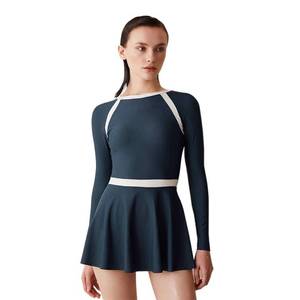 lot 2315 image: Julysand Womens Navy One Piece Skirt Swimsuit Long Sleeve Ladies Elegant Tummy Control Swimwear Dress with Zipper S - Retail $32