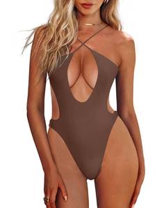lot 2318 image: HYPERFIRE Womens Sexy Criss Cross Halter Bathing Suit Cut Out Backless Monokini Swimsuits One Piece Brown Small - Retail $390