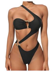lot 2328 image: OYOANGLE Womens Ring Linked Cut Out One Shoulder One Piece Swimsuit High Cut Bathing Suits Black Medium - Retail $35