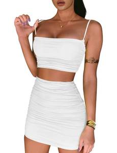 lot 2332 image: BEAGIMEG Womens Ruched Cami Crop Top Bodycon Skirt 2 Piece Outfits Dress White M - Retail $15
