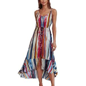 lot 2333 image: BROVAVE Womens 2025 Summer Casual Boho Sundress Polka Dot Spaghetti Strap V Neck Flowy Midi Dresses(008 Color Block, Medium) - Retail $40