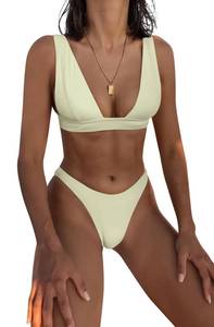 lot 2349 image: Bathing Suits for Women Deep V Neck Sexy Two Piece Bikini Sets for Women Thong Halter Cheeky Swimsuit (US, Alpha, Large, Regular, Regular, Beige) - Retail $30