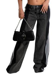 lot 2355 image: Angsuttc Womens Jeans with Patchwork Stripes High Waisted Stretchy Denim Color Block Straight Wide Leg Trendy Jean M - Retail $38