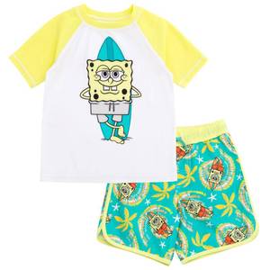 lot 2359 image: SpongeBob SquarePants Surfboard Big Boys UPF 50 Rash Guard and Swim Trunks Outfit Set YellowTurquoise 10-12 - Retail $30