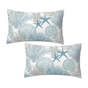 lot 2364 image: Nautical Coastal Throw Pillow Covers 12x20 Set of 2, Beach Themed Ocean Seashell Coral Starfish Couch Lumbar Pillow Cover Outdoor Sofa Cushion Cover for Bedroom Living Room - Retail $10