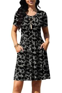 lot 2365 image: DouBCQ Womens Casual Short Sleeve Flowy Pleated Loose Dresses with Pockets (0-White Flower Black, S)
