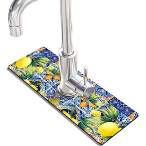 lot 2367 image: Kitchen Sink Splash Guard Faucet Mat Super Absorbent Fast Drying Mat Sink Gadgets Splash Guard Behind Faucet Drip Catcher for Kitchen (Lemon, 15x5.5in) - Retail $12