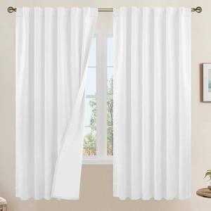 lot 2371 image: LAMIT 100% White Blackout Curtains for Bedroom, 63 Inches Linen Textured Thermal Curtains Back Tab and Rod Pocket Burlap Panels with White Liner for FarmhouseLiving Room, 2 Panels, 52 x 63 Inch - Retail $29