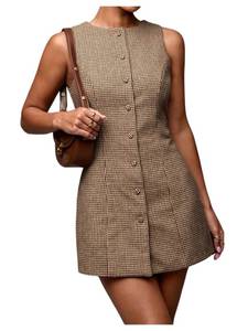 lot 2379 image: SOLY HUX Womens Plaid Button Down Dress Crew Neck Sleeveless Tie Back Work Office Mini Dresses Brown Plaid Small - Retail $220