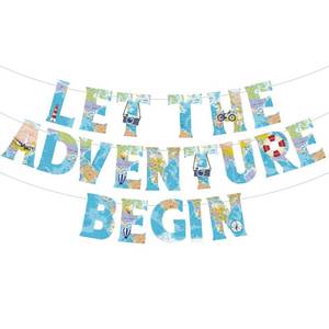 lot 2382 image: Let the Adventure Begin Banner - World Map Print Bon VoyageAdventure Awaits Travel Themed Decorations for Retirement Graduation Farewell Travel Adventure Birthday Party Supplies - Retail $10