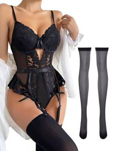 lot 2383 image: Lilosy Sexy Stocking Lace Mesh Bodysuit Top Underwire Garter Lingerie Set One 3 Piece Bows Push Up Floral Sheer Babydoll Women Teddy See Through Black Small - Retail $18