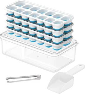 lot 2409 image: ChefAide Ice Cube Tray with Lid and Bin,4 Packs 56 Cubes Silicone Plastic Ice Cube Trays for Freezer, Stackable Ice Tray with Container, Ice Scoop,Ice Tong for Drinks, Coffee and Cocktails Blue - Retail $13