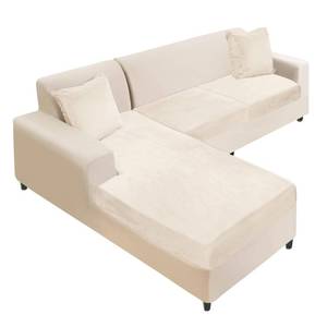 lot 5355 image: NAISI Sectional Couch Cover 3 Pieces Velvet Separate Couch Cushion Covers L Shape Soft Stretch Sofa Slipcovers with 2pcs Pillowcases for LeftRight Chaise Sectional Couch(2 Seater1 Chaise,Beige) - Retail $40