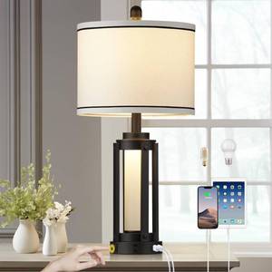 lot 5368 image: 26 Modern Table Lamp with USB AC Charging Ports & AC Outlet, Industrial Beside Contemporary Lamp Glass LED Night Light for Living Room Bedroom Nightstand End Table Single Black(2 Bulbs Included) - Retail $60