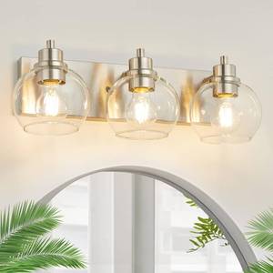 lot 5381 image: Tuscarora Bathroom Light Fixtures Gold Vanity Light 3 Light Wall Sconces Lighting Brushed Brass Bathroom Lights Bath Wall Lights Wall Lamp for Mirror Kitchen (Brushed Nickel & Clear Glass) - Retail $60