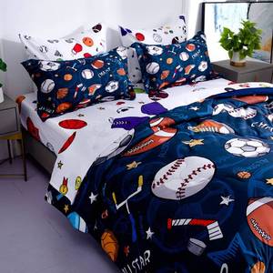 lot 5387 image: Wajade Sports Comforter Set Bed in A Bag Full Size 7 Piece 3D Soccer Basketball Baseball Football Bedding Set for Kids Boys (1 Comforter, 1 Flat Sheet, 1 Fitted Sheet, 2 Pillowcase and 2 Pillow Sham) - Retail $53