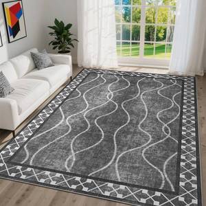 lot 5407 image: DweIke Modern 4x6 Area Rugs for Living Room Bedroom, Machine Washable Non-Slip Rubber Backing Bordered Rug, Stain Resistant Low Pile Indoor Throw Carpet for Dining Room Home Decor, Black Grey - Retail $32