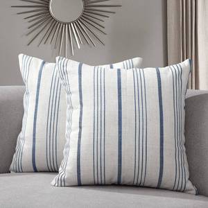 lot 6290 image: Sunlit Decorative Farmhouse Throw Pillow Case, Set of 2 CreamOff-White with Blue Stripes Modern Accent Square 18 x 18, Textured Linen Throw Pillow Cover for Sofa Couch Chair Bedroom - Retail $14