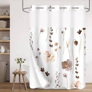lot 6300 image: Gibelle Extra Long No Hook Floral Shower Curtain with Snap-in Waterproof Fabric Liner Set - 72 x 86(84), Hotel Style Brown Beige Modern Flower Shower Curtain with See Through Top Window - Retail $38