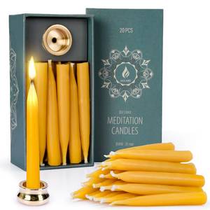 lot 6306 image: A20 Minute Pure Beeswax Candles, Dripless Meditation Candles, Mini Taper Candles, Set of 20 with Brass Candle Holders. - Retail $15