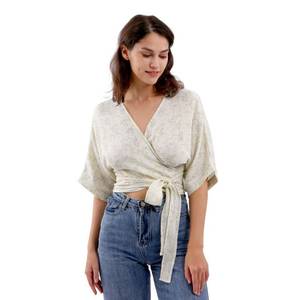 lot 6317 image: Amazhiyu Womens Summer Short Sleeve Crop Tops Cotton V Neck Self Tie Wrap Blouse Blue Floal, Large - Retail $3,284