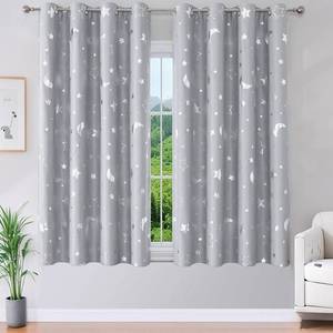 lot 6333 image: WUBODTI Kids Blackout Curtains for Boys Bedroom Nursery 54 Inch Length 2 Panel Sets, Silver Foil Star and Moon Patterned Space Curtain Thermal Insulated Nursery Drapes for Boys Baby, 52 x54 Inch - Retail $50