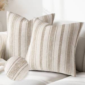 lot 6335 image: AELS 20x20 Decorative Farmhouse Linen Throw Pillow Covers, Beige with Brown Chenille Striped Pillow Case, Set of 2, Boho Textured Cushion Cover for Sofa Couch Living Room (Cover ONLY)
