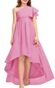 lot 6367 image: rrhss Flower Girls One Shoulder Ruffle Dresses Flowy A-line Twirl Sleeveless Dress Cute Wedding Prom Party Gowns size 150 - Retail $47