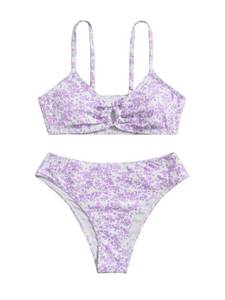 lot 6370 image: OYOANGLE Girls 2 Piece Ditsy Floral Bikini Swimsuit Ring Linked Ruched Bathing Suit Purple White 13 Years - Retail $18