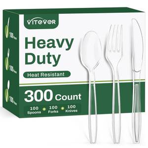 lot 6375 image: 300 Count Heavy Duty Clear Plastic Silverware, Disposable Plastic Utensils Set, 100 Forks, 100 Spoons, 100 Knives, BPA-Free Heat Resistant Durable Plastic Cutlery Set for Party - Retail $19