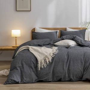 lot 6377 image: BESTOUCH Duvet Cover Set 100% Washed Cotton Linen Feel Super Soft Comfortable Chic Lightweight 3 PCs Home Bedding Set Solid Dark Black Queen - Retail $77