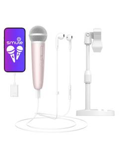 lot 6384 image: PUREMIC Singing Microphone with Earphone & Stand, Ideal for Vocal & Instrument Recording, Podcasting, Live Streaming, Gaming, Compatible with Smule & Starmaker, USB-C Dongle & Lightning Adapter, Pink - Retail $50