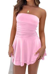 lot 6385 image: YBSKG Womens Summer Mini Ruched Bodycon Dress Off Shoulder Sleeveless Cocktail Party Short Dress Pink size extra large - Retail $35