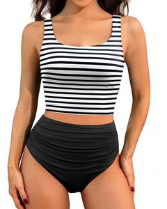 lot 6390 image: Tempt Me Women Two Piece Tankini Swimsuits - Crop Swim Top with High Waisted Bottom Tummy Control Bathing Suits Swimwear Black and White Striped M - Retail $32