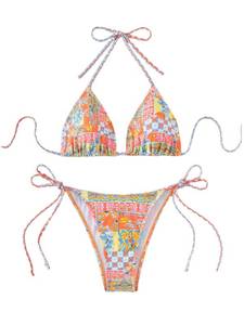 lot 6412 image: ZAFUL Triangle Bikini for Women 2 Piece Halter Bikini Sets Sexy High Cut Bathing Suit Side Tie Swimsuits Orange Tribal L - Retail $34